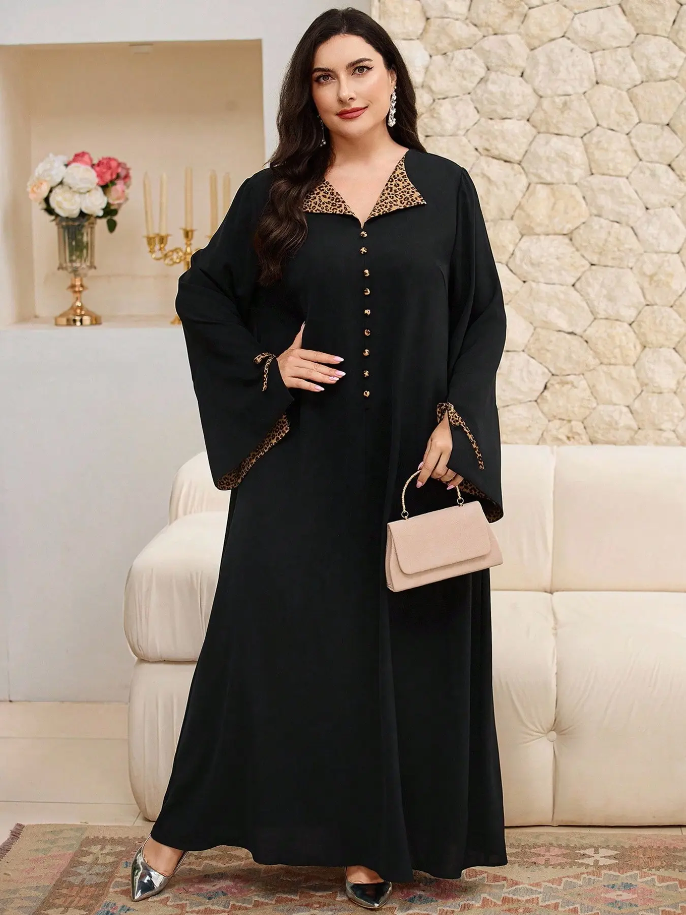 Plus Size Women Summer 2026 Abaya Maxi Dress, Vintage Leopard Patchwork Flare Sleeve Long Dress, Loose Fit Flowy Long Kaftan, Elegant Ethnic Style Cover Up For Holiday Vacation, Islamic Modesty Clothes