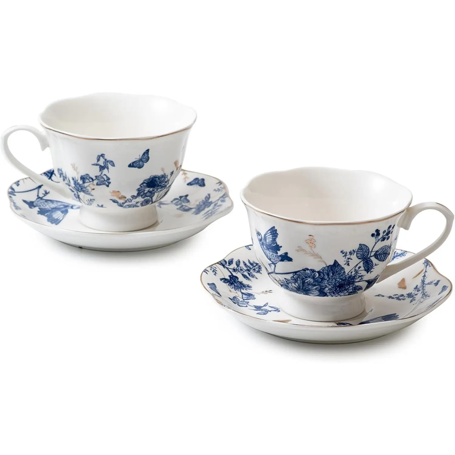 Vintage Floral Porcelain Tea Cup Set of 2 with Saucers, 7 Oz (200ml) Gold Trim Coffee Mugs for Cappuccino Latte, Ideal Mother's Day Party Birthday Gifts