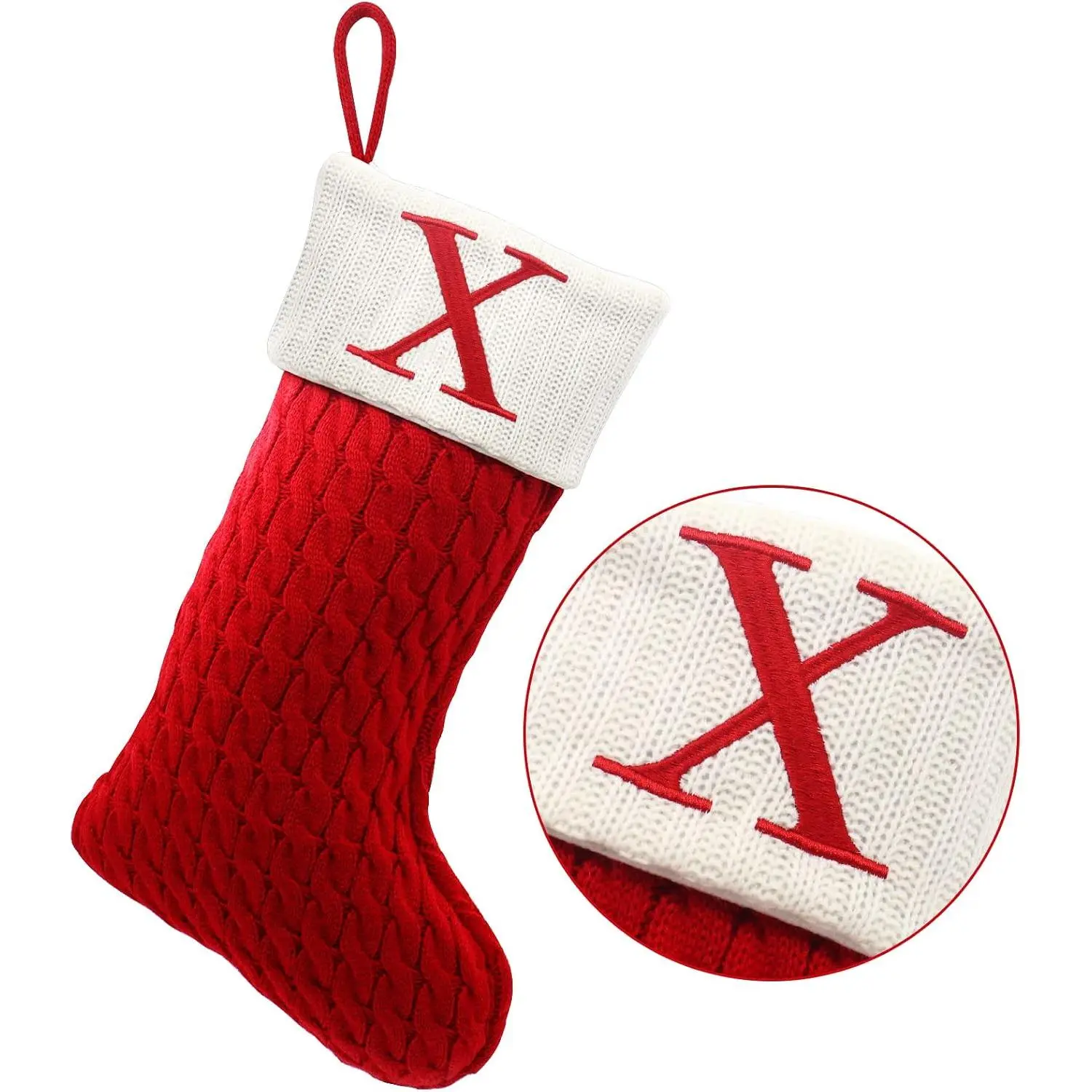 20 Inches Christmas Stockings with Initials, Large Embroidered Letter Knit Christmas Stocking for Family Holiday Decorations and Xmas  (X, Red)