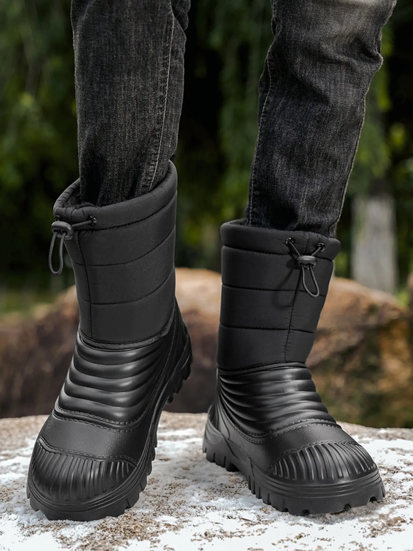 Drawstring Mid-Calf Snow Boots, Waterproof PU Leather, Eva Sole, Anti-Slip, Warm Inner Lining, Men's Winter Outdoor Skiing Shoes