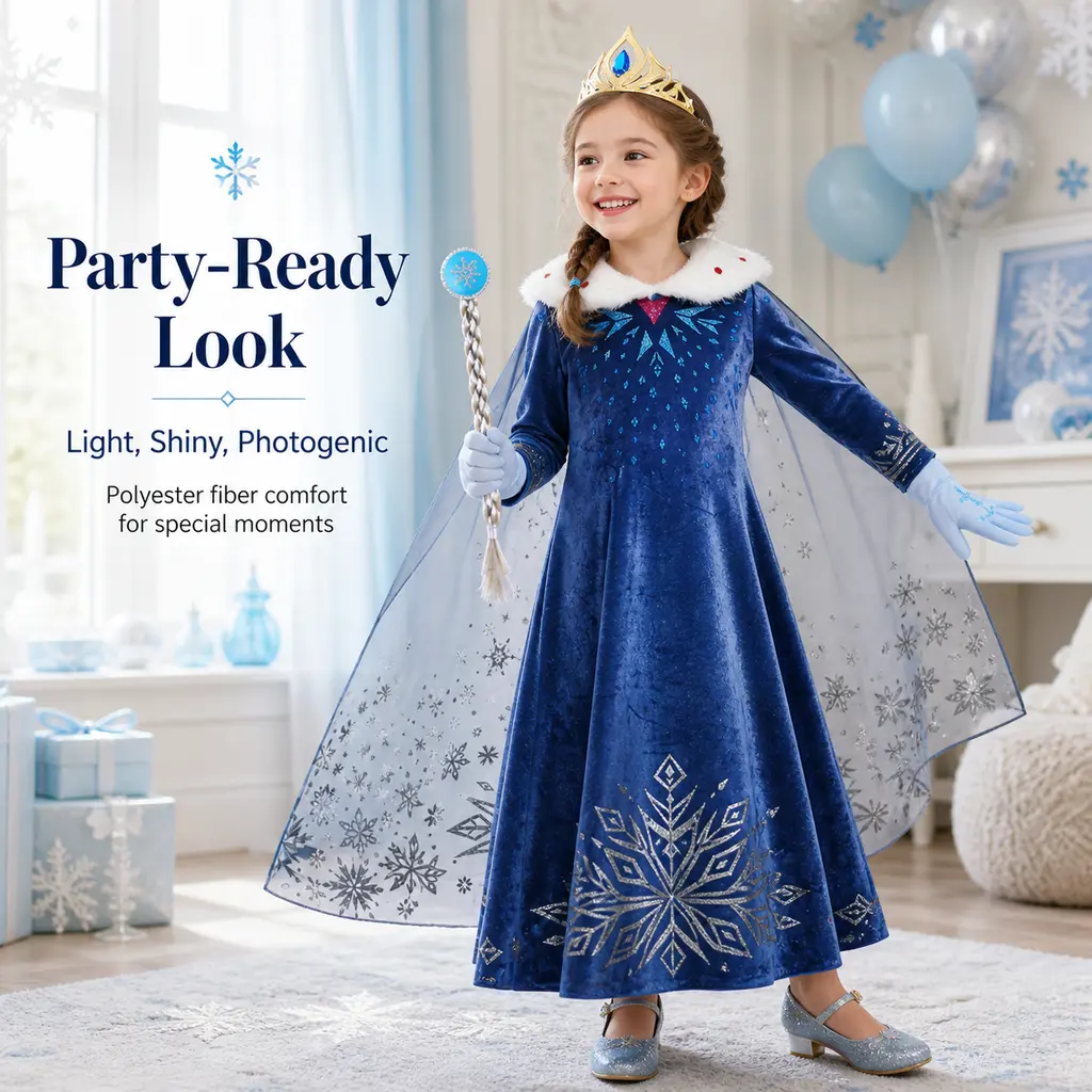 Girls' Frozen-Theme Blue Velvet Princess Gown Full Set - Long Sleeve, Loose-Fit, Sheer Snowflake Cape, Full Accessories, Safe Materials for Party Events, Gowns