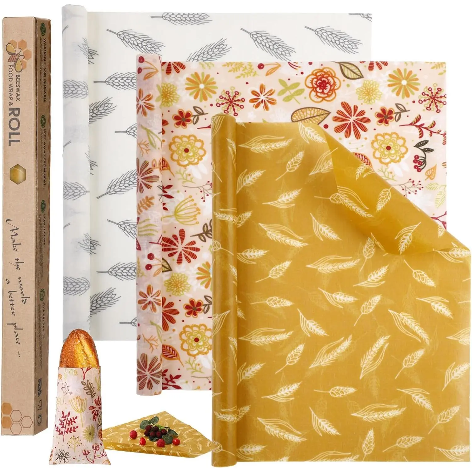 3 Rolls  Beeswax Wrap Roll Bees Wrap "13 x 40" Beeswax Wraps for  Beeswax Paper Wrappers  Bread Sandwich Wrapper for Kitchen Storage Gifts, 3 Styles(Classic)