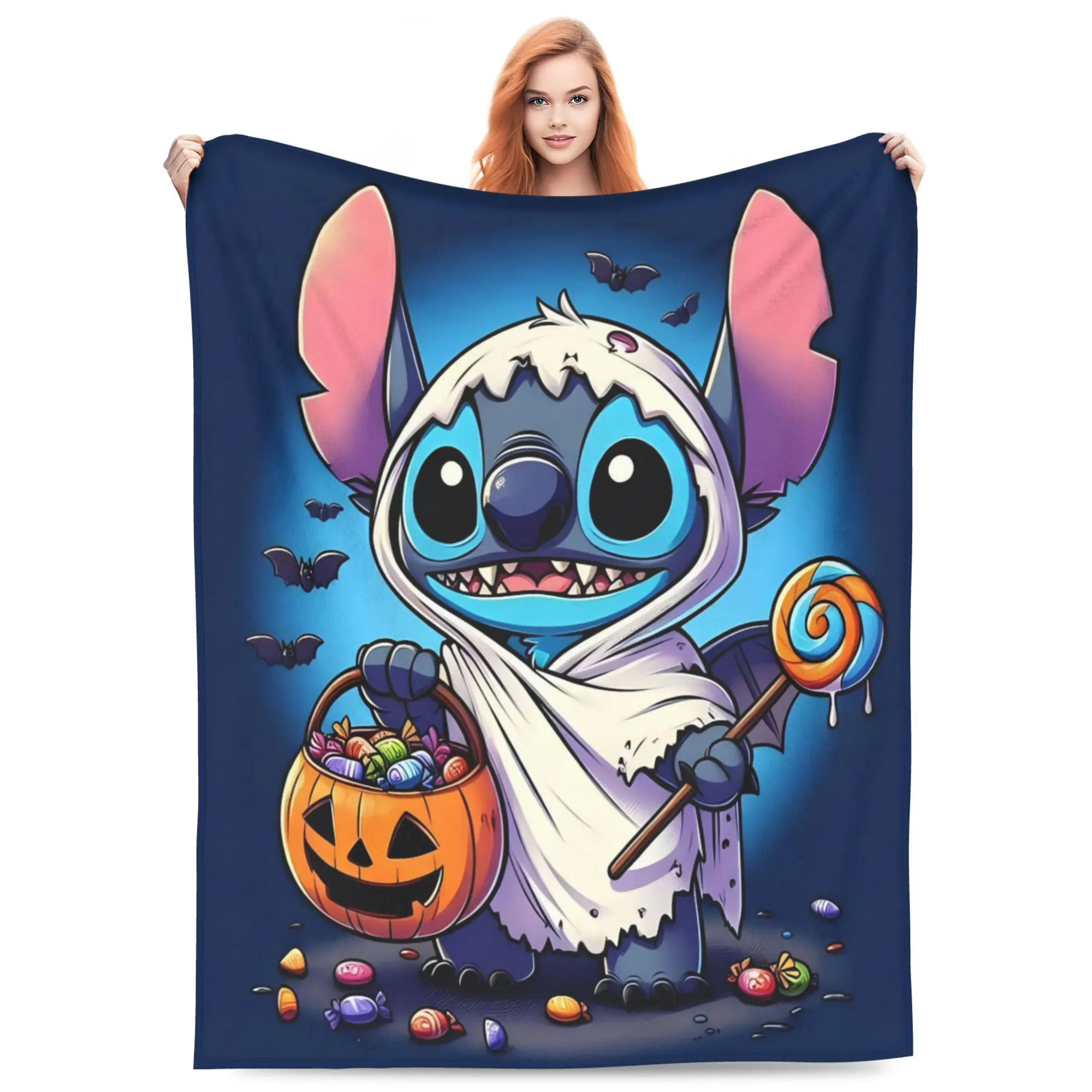 DISNEY CLASSIC Halloween Ghost Stitch Throw Blanket, Cute Lilo & Stitch Ghost Costume Pumpkin Candy Bat Print Flannel Fleece Blanket, Soft Lightweight Cozy Blanket for Sofa Bed Bedroom, Halloween Gift for Kids Girls Cartoon Fans