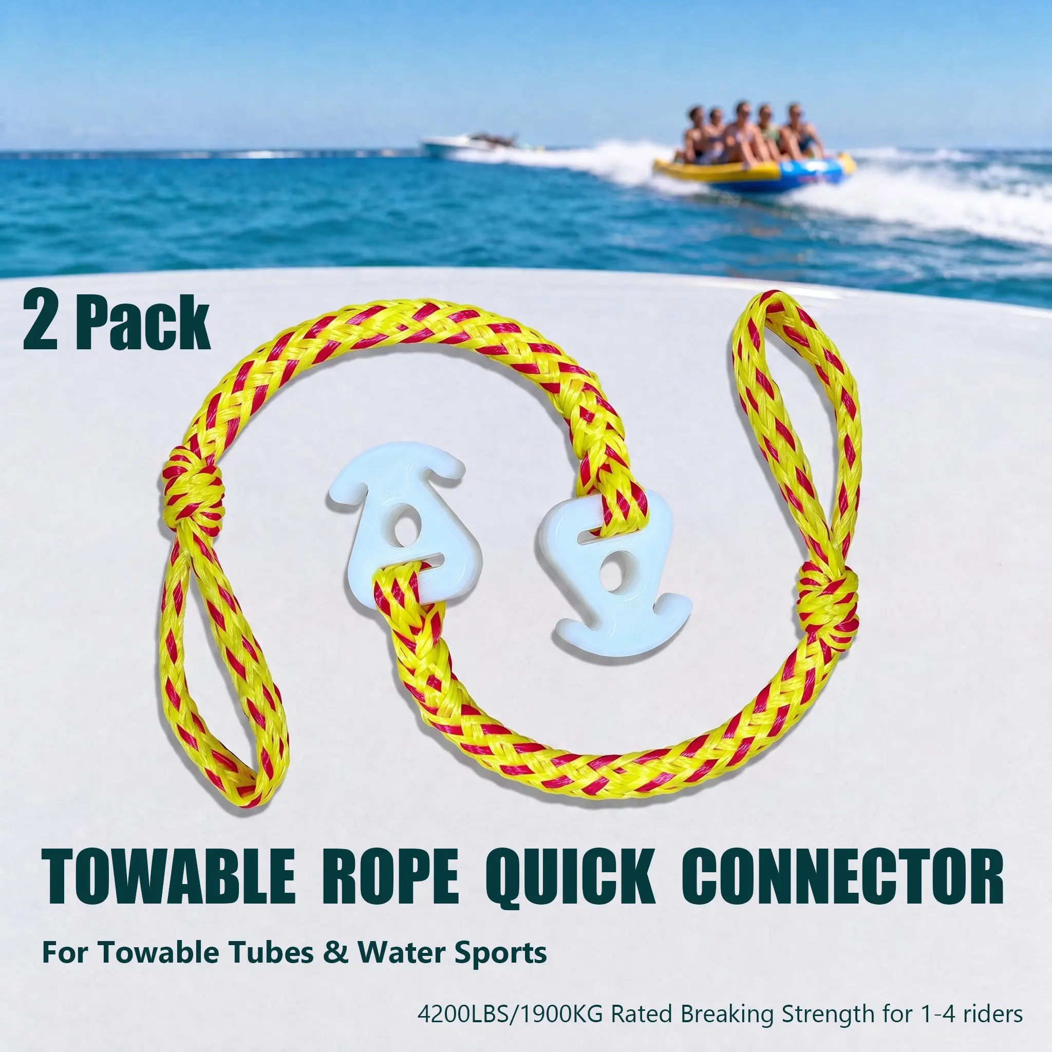 2 Pack IDAOVLAI Yellow-Red Boat Tube Towable Rope Quick Connector, 20-inch for 1-4 Rider Towables, for Tubing, Skiing, Wake Boarding with Seadoo, Jet ski, Waverunner