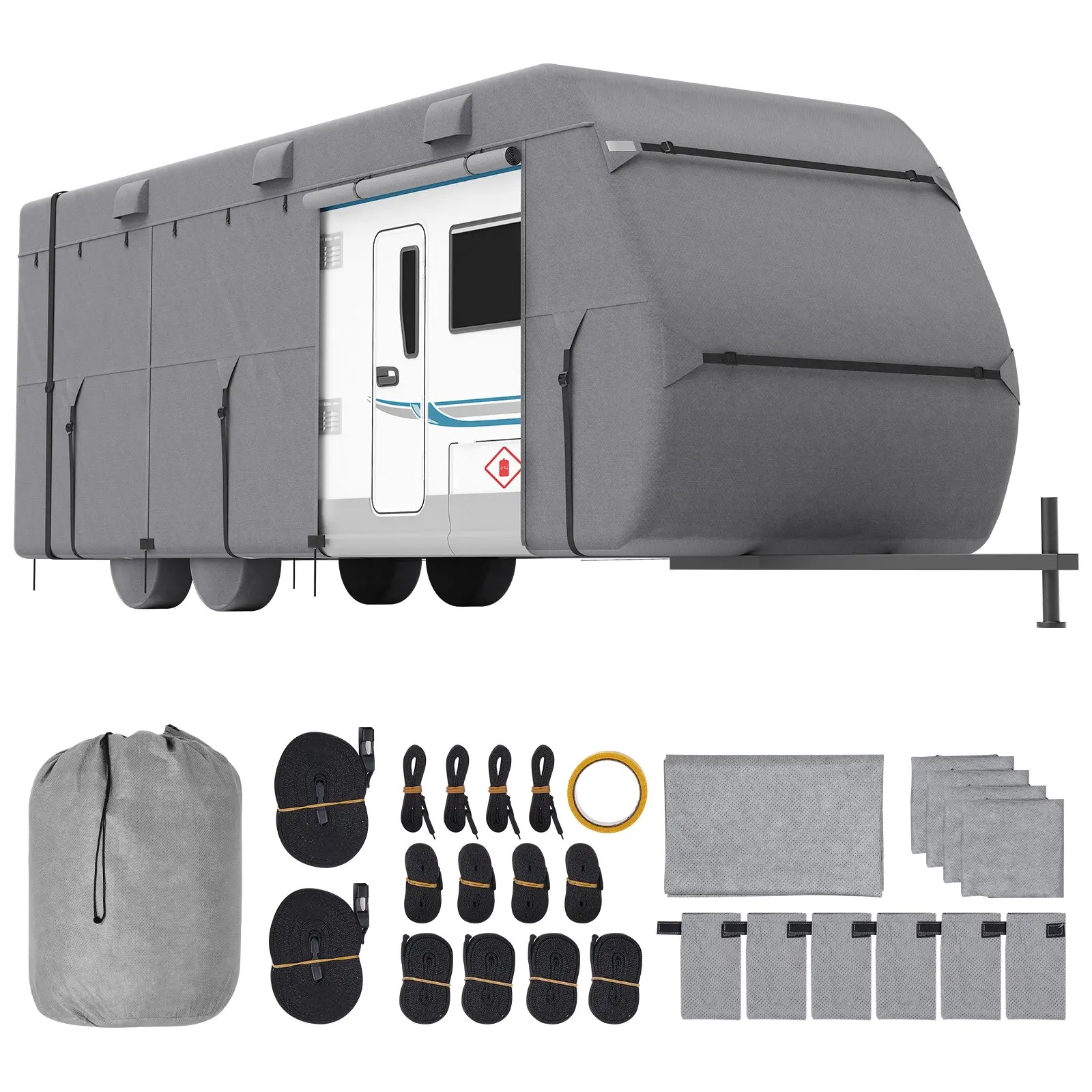 【Summerfinds】VEVOR Travel Trailer Cover, 24-27 ft RV Cover, 4-Layer Non-Woven Fabric Camper Cover, Waterproof, Windproof and Rip-Stop Class A RV Cover, with Storage Bag, Repair Patches, Straps and Tire Covers