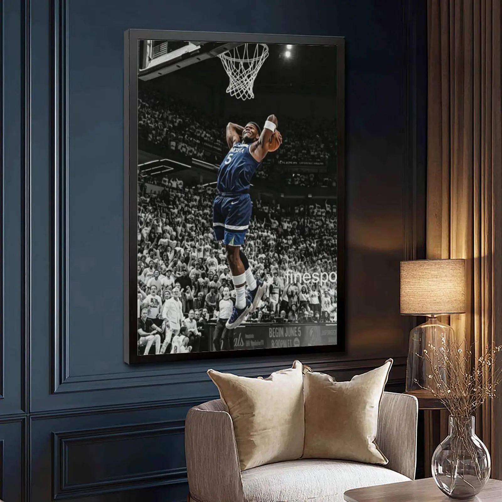 Black and White Basketball Dunk Action Canvas Wall Art - Minimalist Hanging Photography Print, Sports Room, Gym Decor
