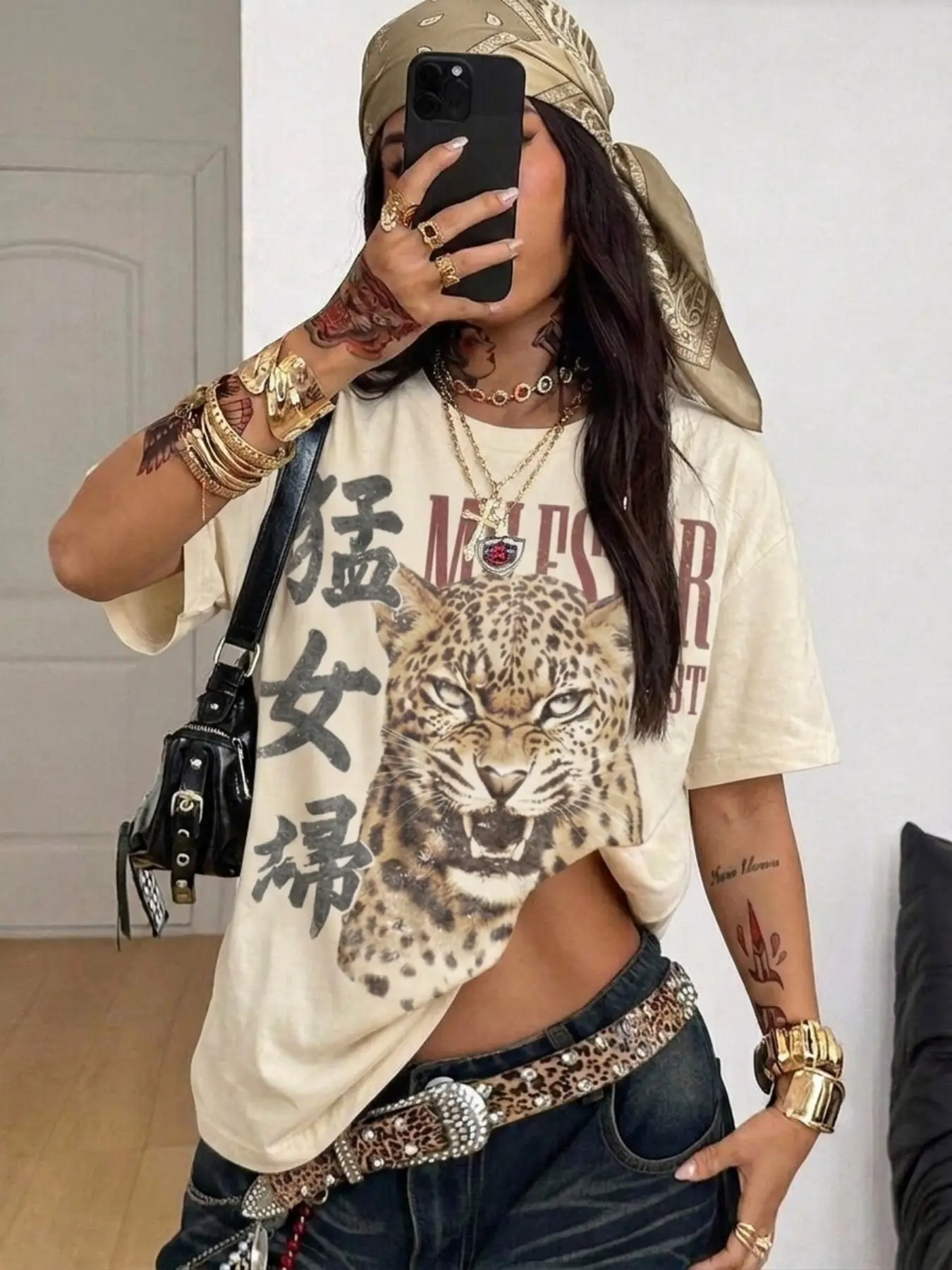 American Vintage Leopard Head Bold Hanzi Print Sleeveless Vest, Distressed Washed Loose Shoulder Jumper, High Street Edgy Waist-Exposed Top