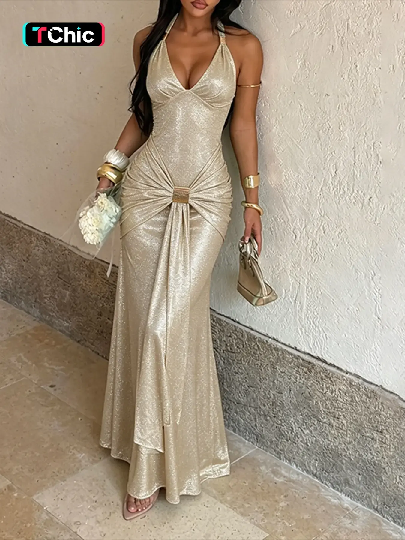 Elegant Halter Neck Gown Dress, Sparkling Fine Details, Perfect for Formal Events, Stylish Evening Wear, Unique Bridal Option, Evening Glam Gown
