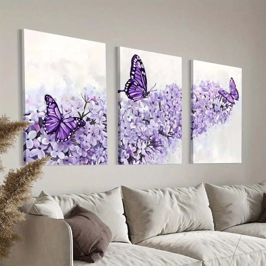 3-Piece Framed Purple Butterfly & Violet Flowers Canvas Wall Art - Ready to Hang, Home Decor Gift Idea for Living Room, Bedroom - Christmas New Year Present for Her