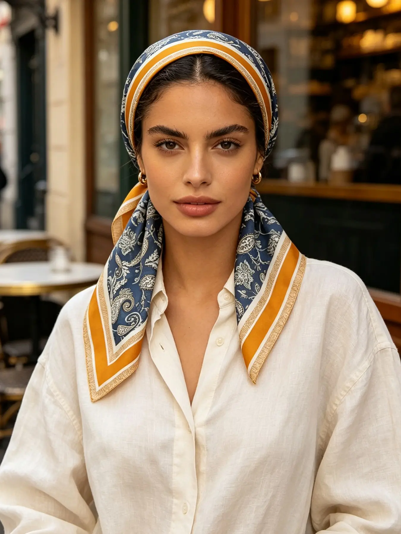 Vintage Blue Floral Paisley Print Satin Head Scarf, Gold Striped Border, Multi-Wear Bandana, Elegant Hair Wrap, Neck Scarf, Handbag Ribbon, Vintage Print Headscarves