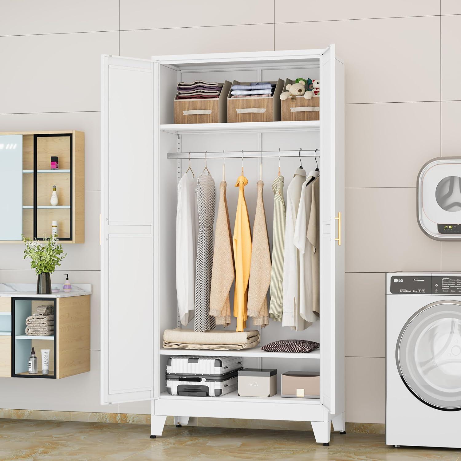 Metal Wardrobe Cabinet with Hanging Rod, 71" Metal Clothing Storage Cabinets with 2 Doors and Adjustable Shelves, White Armoire Wardrobe Closet for Bedroom, Laundry Room, Cloak Room mothersdaygift