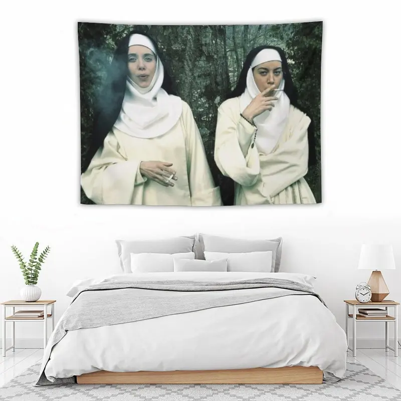 Smoking Nuns Aesthetic Tapestry Vintage Retro Girls Costume Funny Meme Wall Hanging Weird Core Boho Room Decoration College Dorm Party Background Banner Blanket