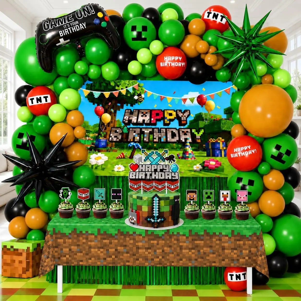 Pixel Game Birthday Party Decorations, "Game On" Pixel Theme Party Supplies Kit for Boys & Girls -131 Pcs Balloons, Backdrop, Curtain, Table Cover, Cake Toppers