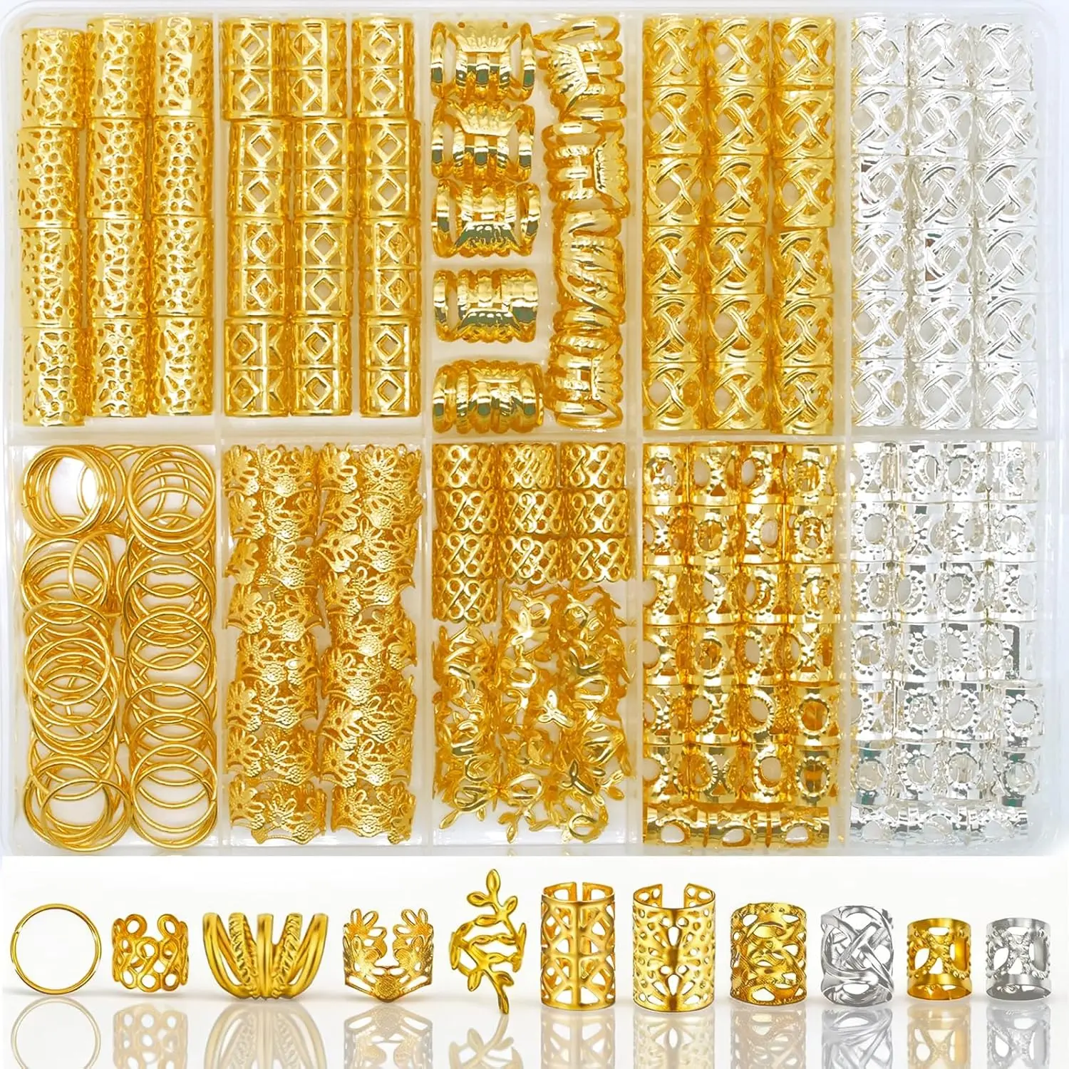 Women's 228-Pcs Gold and Silver Hair Accessories Set - Adjustable Metal Cuffs Rings, Braids Jewelry, Metal Hair Charms for Dreadlocks Twists Decorations