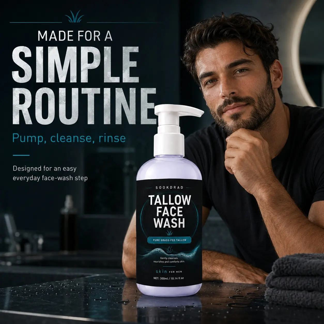Tallow Face Wash, pure grass-fed tallow, gently cleanses, nourishes, comforts skin, face, for men, 300ml/10.14 fl oz