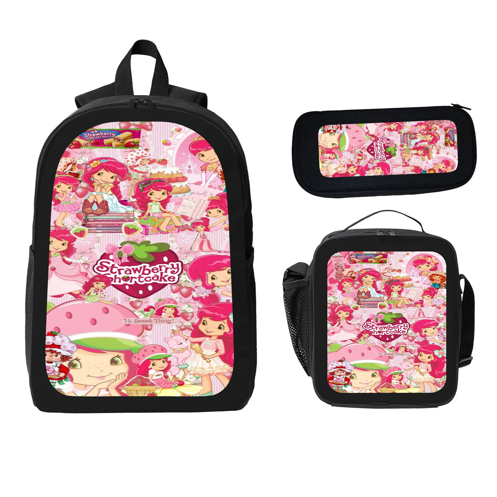 Strawberry Shortcake 3 Pcs School Backpack Set for Boys Girls Kids, Large Capacity Bookbag with Insulated Lunch Bag Pencil Case, Water Resistant Travel Daypack for Elementary Middle School b-71