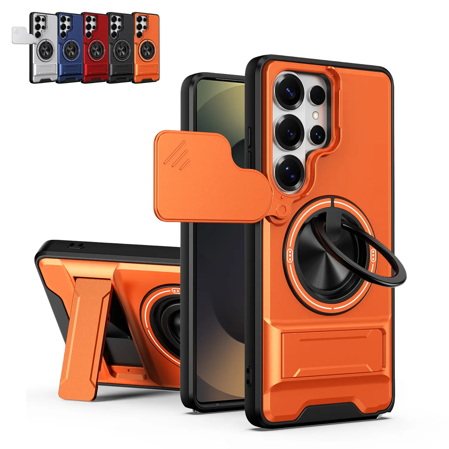 OREKROY Magnetic Slide Camera Lens Cover Case for Samsung Galaxy S26 S25 S24 S23 S22 Ultra, MagSafe Compatible Heavy Duty Shockproof Phone Case with 360° Rotatable Ring Kickstand, Built-in Grip Stand, Dustproof Protective Cover for Camera Protection