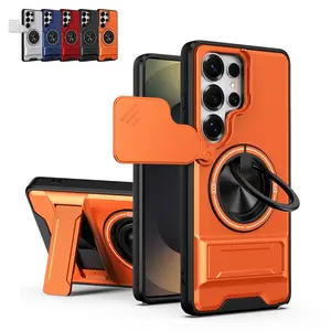 OREKROY Magnetic Slide Camera Lens Cover Case for Samsung Galaxy S26 S25 S24 S23 S22 Ultra, MagSafe Compatible Heavy Duty Shockproof Phone Case with 360° Rotatable Ring Kickstand, Built-in Grip Stand, Dustproof Protective Cover for Camera Protection