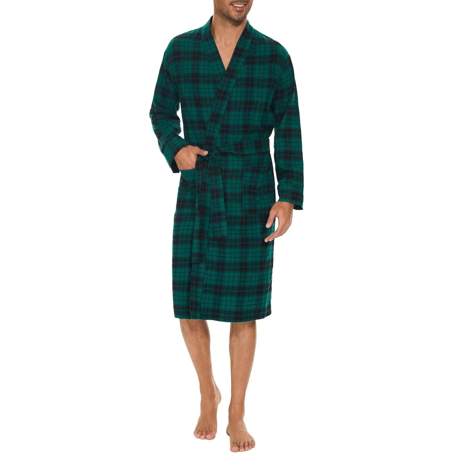Zerbala Men's Flannel Robe Knee Length Plaid Bathrobe