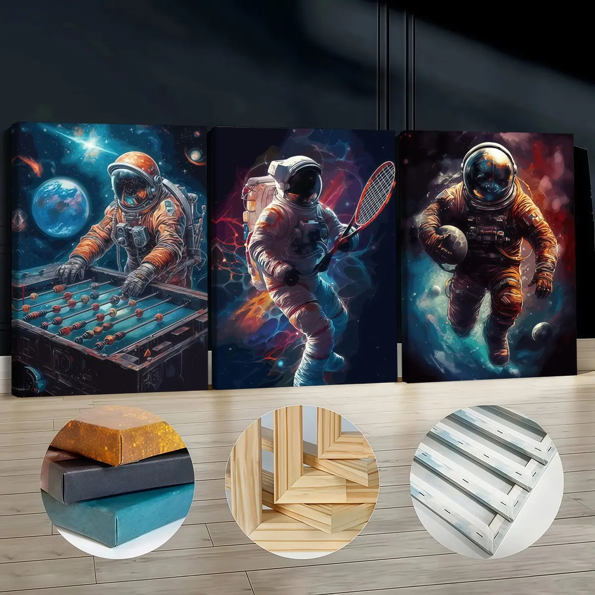 3 count wooden frame canvas, space astronaut sports science fiction art triple poster, fashion home decoration, modern simple art hanging picture, living room, bedroom office wall decoration, waterproof and tasteless
