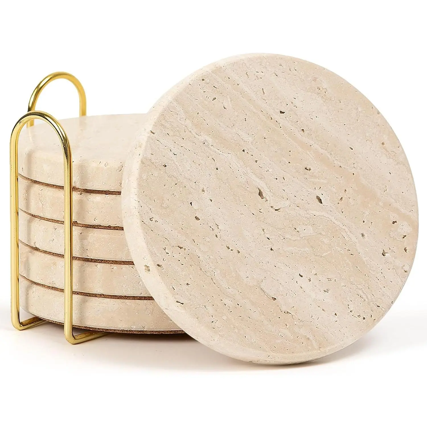 Set of 6 Travertine Marble Coasters with Holder, Elegant Rustic Farmhouse Table Accent, Neutral Warm Beige Stone Drink Coasters for Any Home Decor, Gift Boxed for Housewarming Wedding Hostess