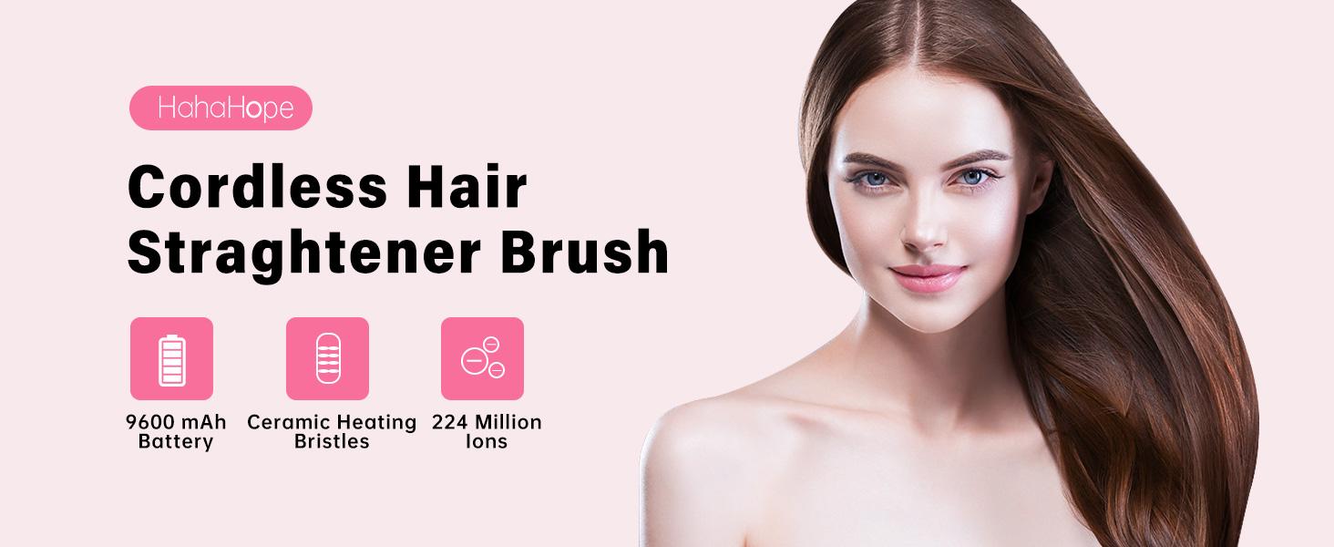 Cordless Hair Straightener Brush - Portable Straightener Brush with 9 Temp Settings, Mini Straightening Comb for Travel, 9600mAh Rechargeable Batt & 224 Million Negative Ions (Pink)