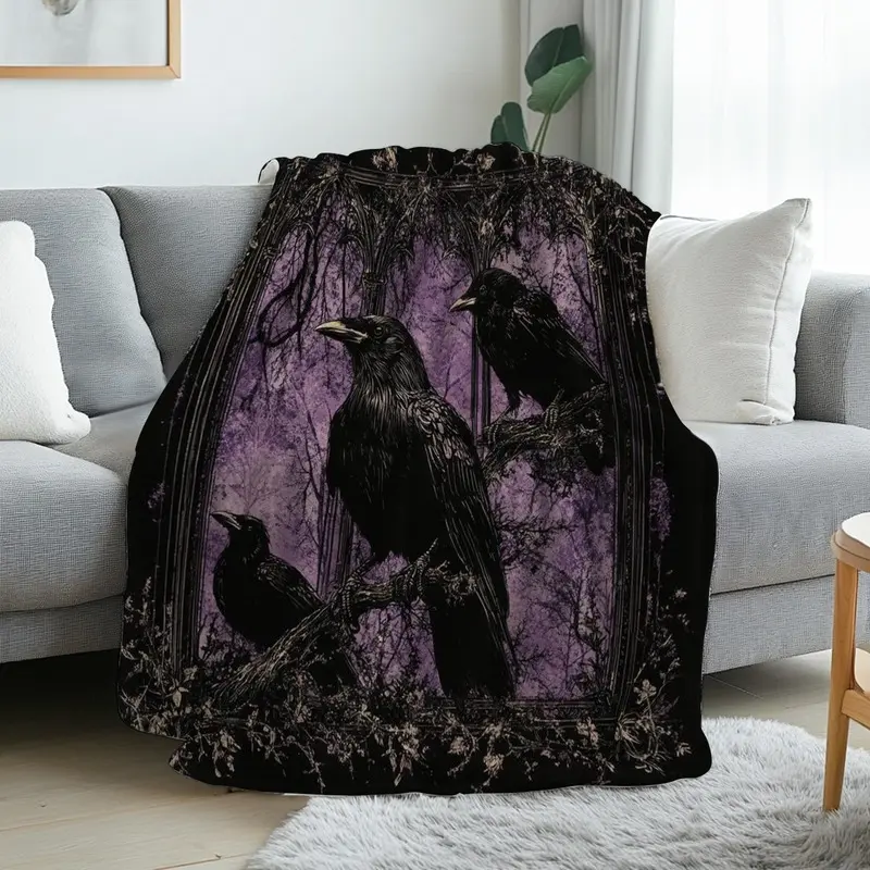 1pc, Raven Gothic Artwork, Cozy Flannel Blanket, Soft And Warm, Enigmatic Design Print, Ideal for Bed, Couch, Living Room, Year-Round Use, Halloween | Christmas | Room Decoration | Autumn for Home Decor, 280Gsm