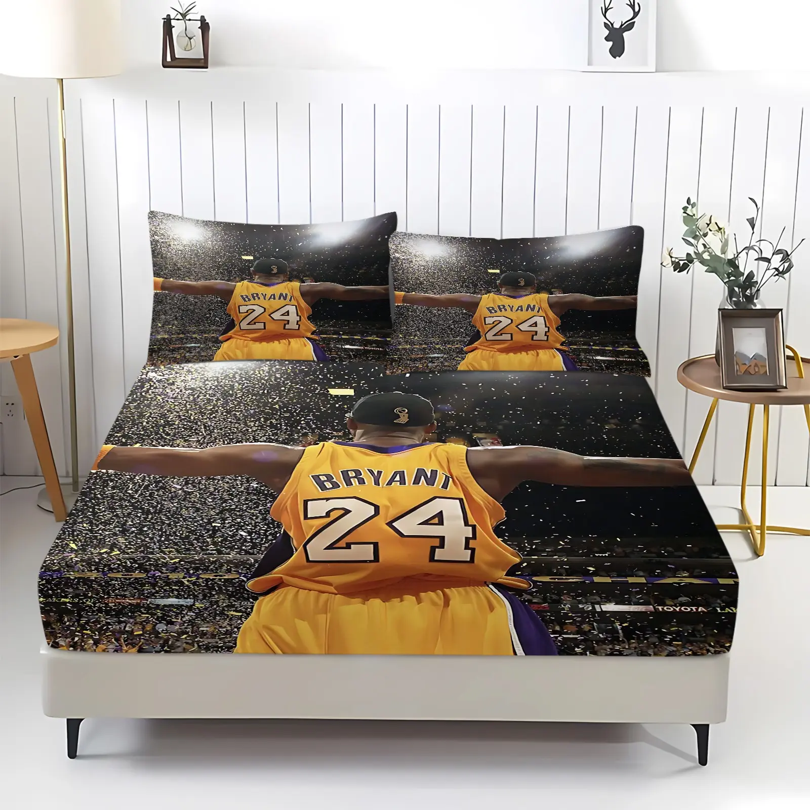 Basketball Player Back View Pattern Fitted Sheet Set, 3Pcs Digital Print Bedding Set, All-Round Deep Pocket Fitted Sheet with 2 Matching Pillowcases, Basketball Sports Themed Bed Linens for Men Teen Bedroom Decor