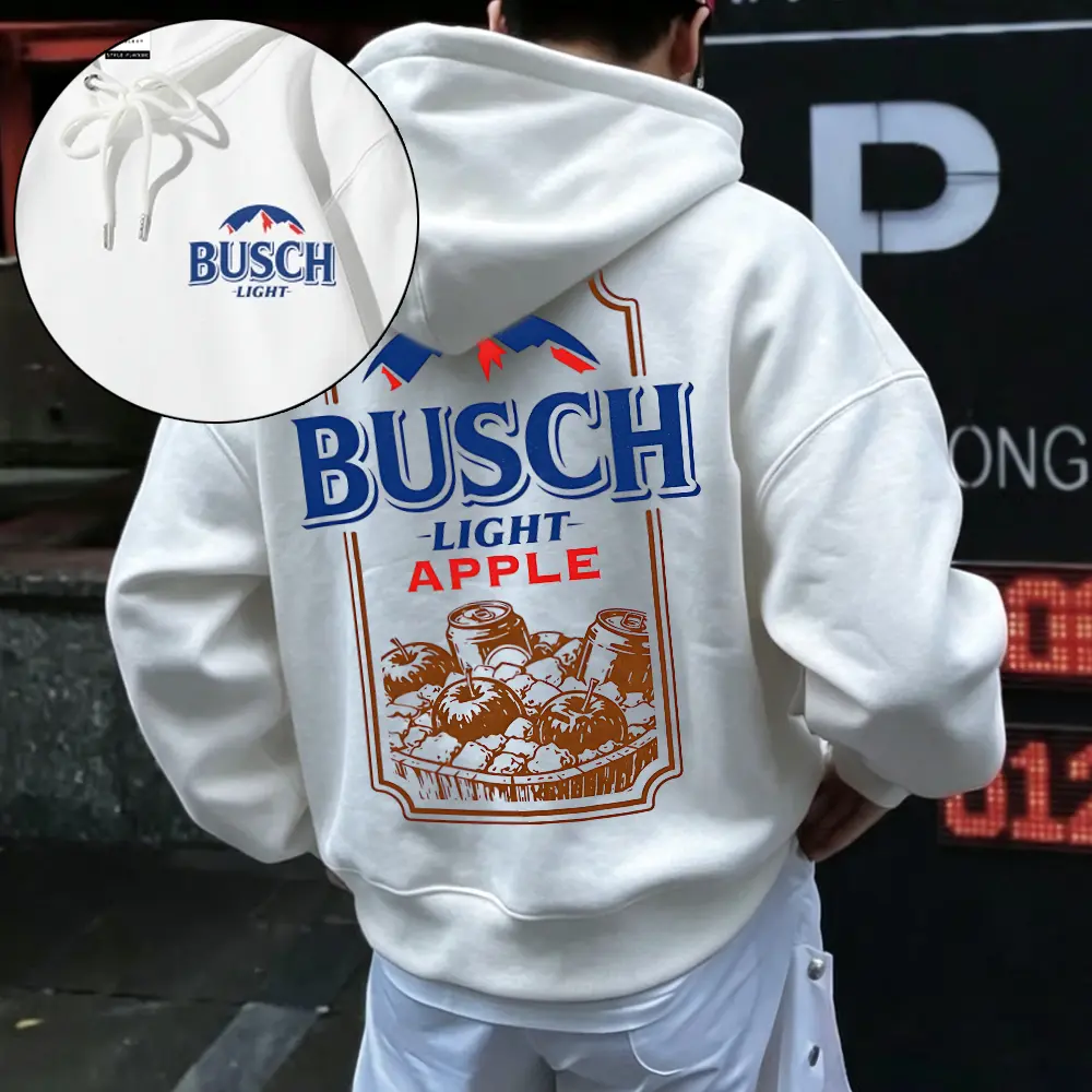 Heavyweight Cotton Fleece Hoodie Busch Light Apple Graphic Pullover Sweatshirt Unisex Beer Lover Country Concert Tailgate Party Outfit Casual Long Sleeve