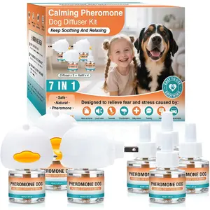 Dog Calming Pheromones Diffuser to Calm Pet 7 In 1 Advanced Kit Appeasing Pheromone Diffuser for Anxiety Relief (3 Plug in+4 Pack 48ml Refill) Reduce Aggression Fighting Barking Stress (Tasteless)
