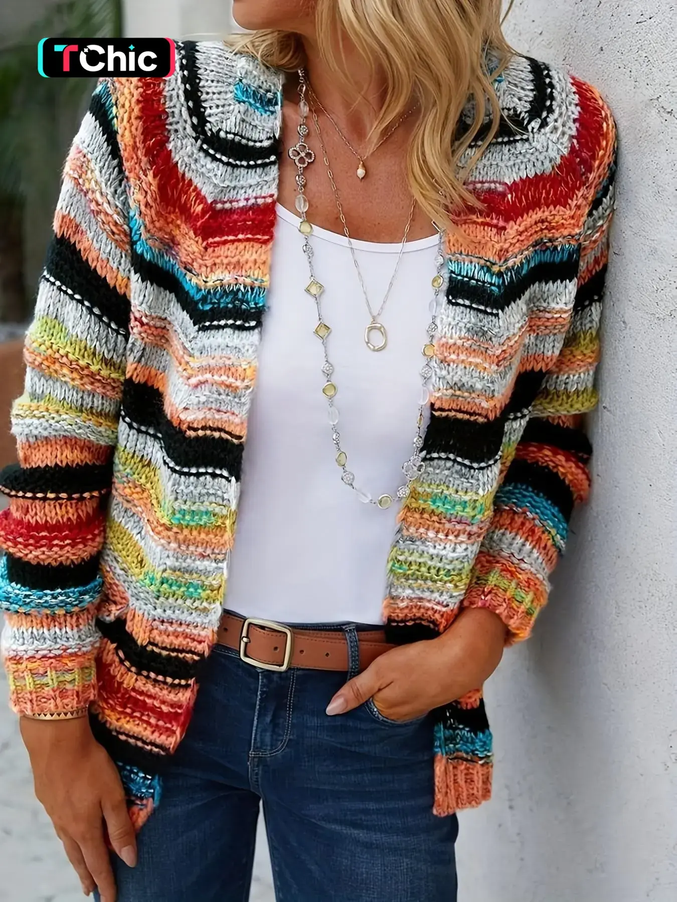 Women's Colorblock Stripes Print Open Front Long Sleeve Boho Cardigan Sweater, Casual Pocket Raglan Sleeve Knitwear For Spring & Fall, Women's Knit Clothing For Daily Wear, Premium Fabric, Striped, Knitting, Womenswear
