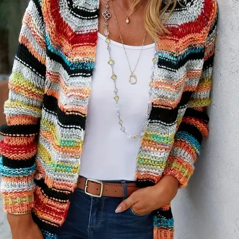 Women's Colorblock Stripes Print Open Front Long Sleeve Boho Cardigan Sweater, Casual Pocket Raglan Sleeve For Spring & Fall, Women's Knit Clothing For Daily Wear, Premium Fabric, Striped, Casual Chic Knitwear, Casual Fashion Knitwear, Womenswear