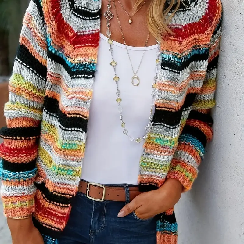 Women's Colorblock Stripes Print Open Front Long Sleeve Boho Cardigan Sweater, Casual Pocket Raglan Sleeve For Spring & Fall, Women's Knit Clothing For Daily Wear, Premium Fabric, Striped, Casual Chic Knitwear, Casual Fashion Knitwear, Womenswear