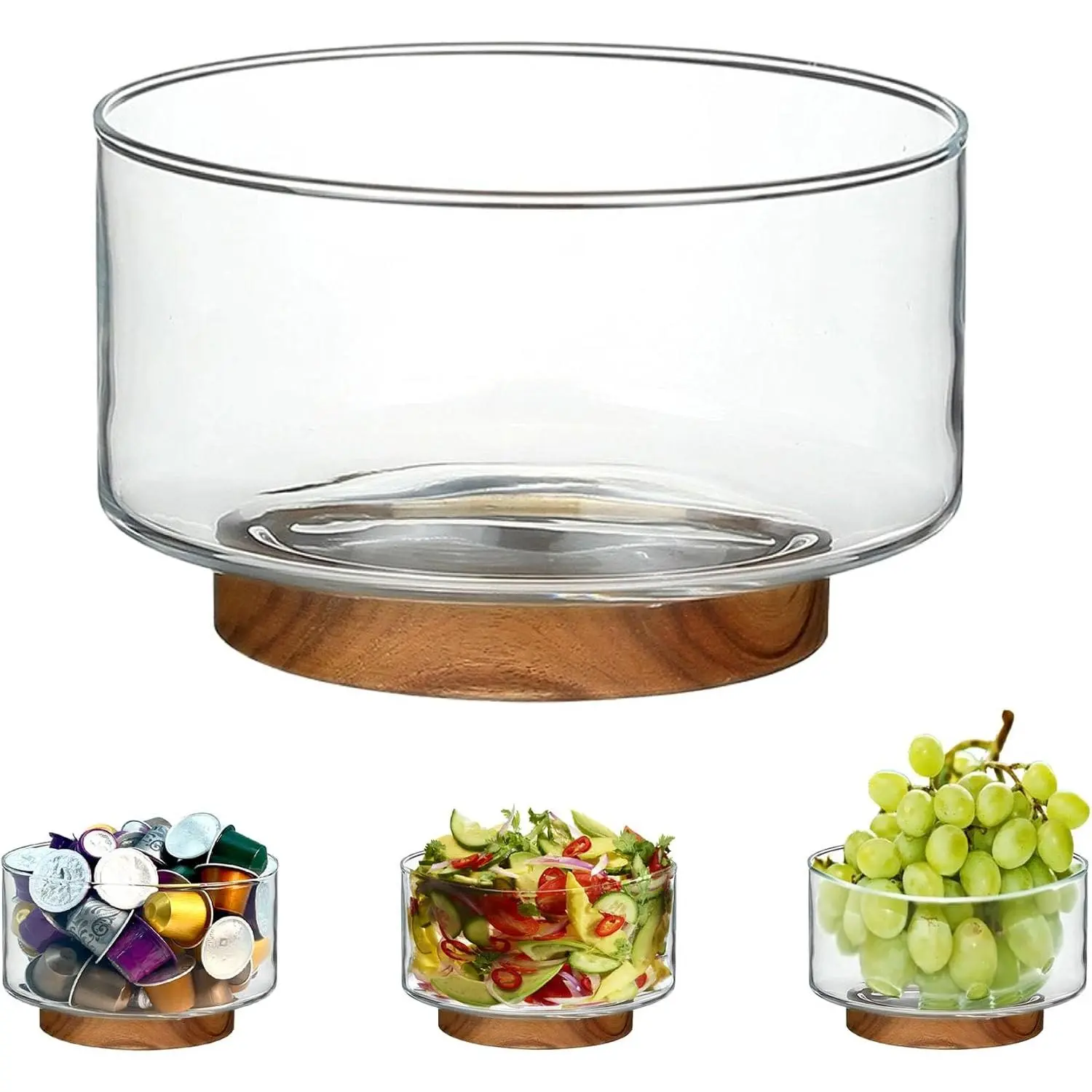 Coffee Pod Holder, Glass Salad Bowl with Acacia  Base, Large Capacity K Cup Organizer for Kcup Creamer Storage, Espresso Capsule Holder Coffee Bar Accessories( 7 Inch,1 Pack )