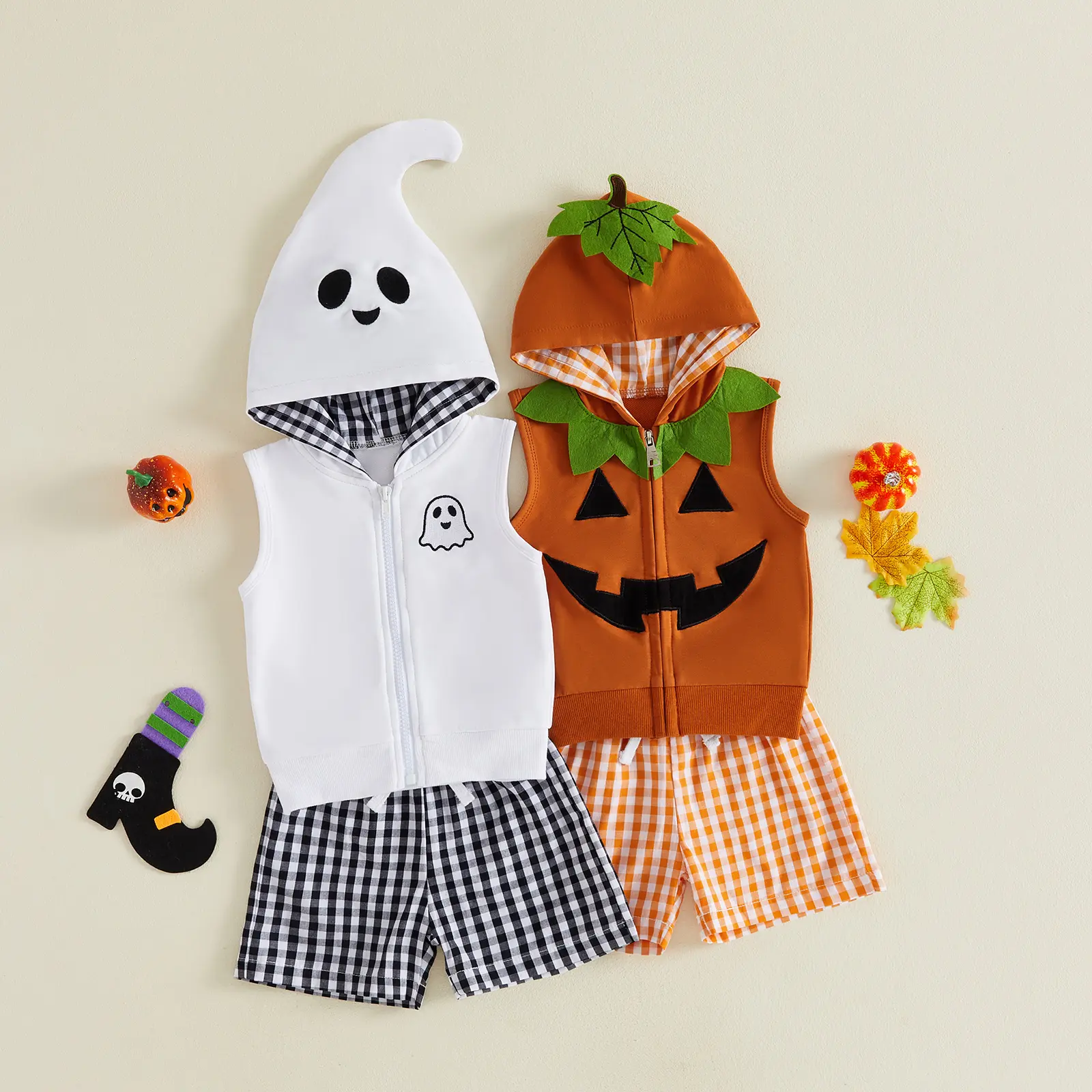 Babamoon Toddler Baby Boys Halloween Outfits Set Ghost Pumpkin Embroidery Zip Up Hooded Vest and Plaid Shorts Costume Set 1-5T