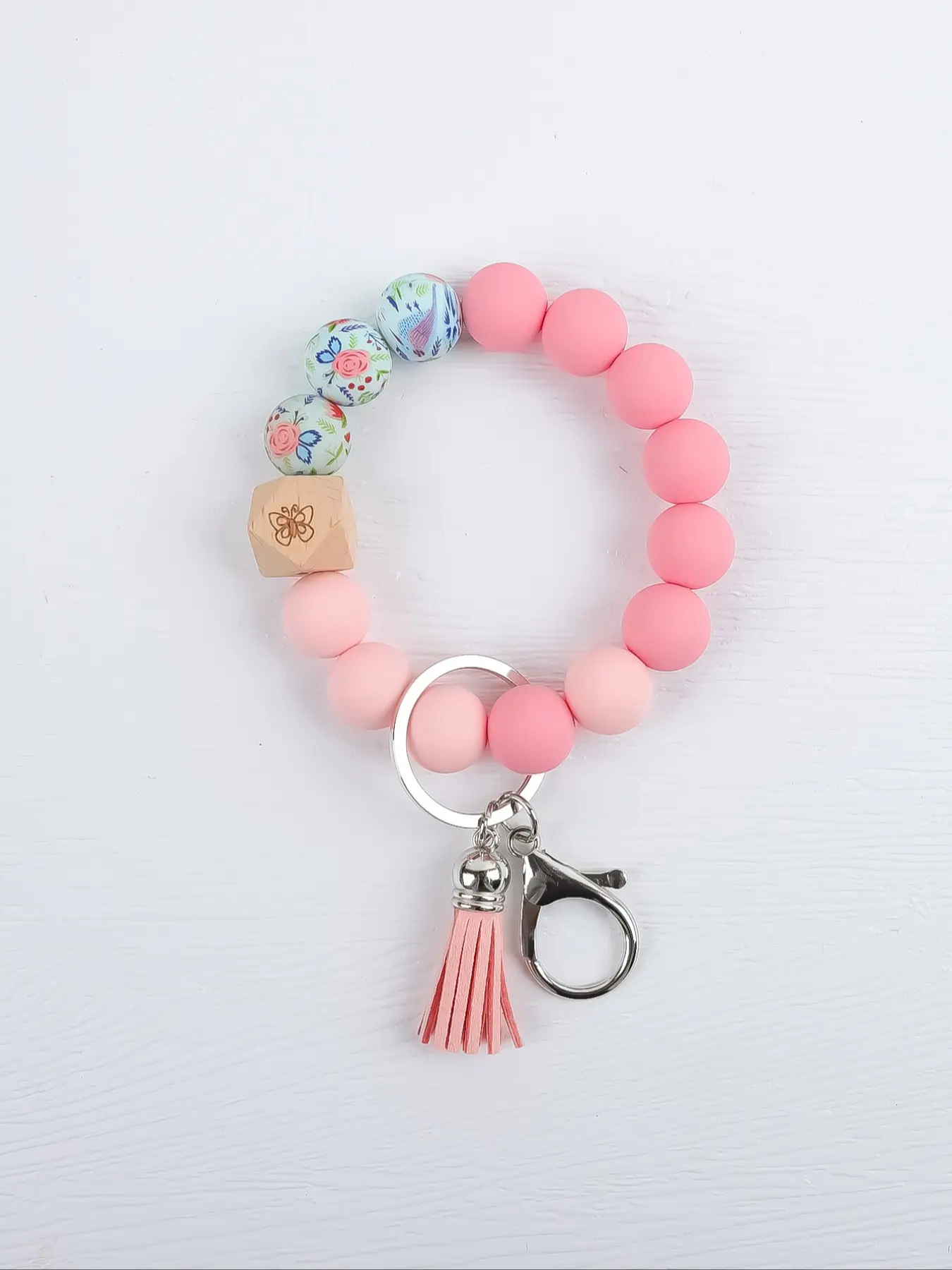 Floral Silicone Beaded Wristlet Keychain Bracelet, Butterfly Engraved Wood Cube, Leather Tassel, Food Grade Silicone, Rustproof Lobster Clasp