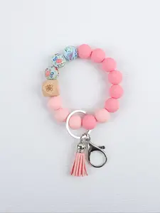 Floral Silicone Beaded Wristlet Keychain Bracelet, Butterfly Engraved Wood Cube, Leather Tassel, Food Grade Silicone, Rustproof Lobster Clasp