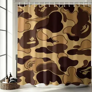 Vintage Brown Jungle Camo Waterproof Fabric Shower Curtain, Trendy Ape Camouflage Pattern Bathing Cover, Mold Resistant Quick Dry Bathroom Accessory Decor with Rustproof Metal Grommets & Hooks for Apartment Bathtub