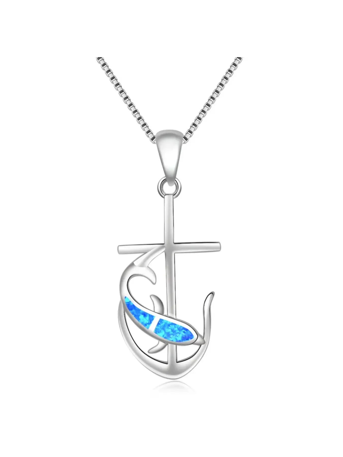Dainty Anchor Cross Pendant Necklace with Blue Opal,Nautical Faith Jewelry for Women,Minimalist Layering Chain,Unique Gift Idea