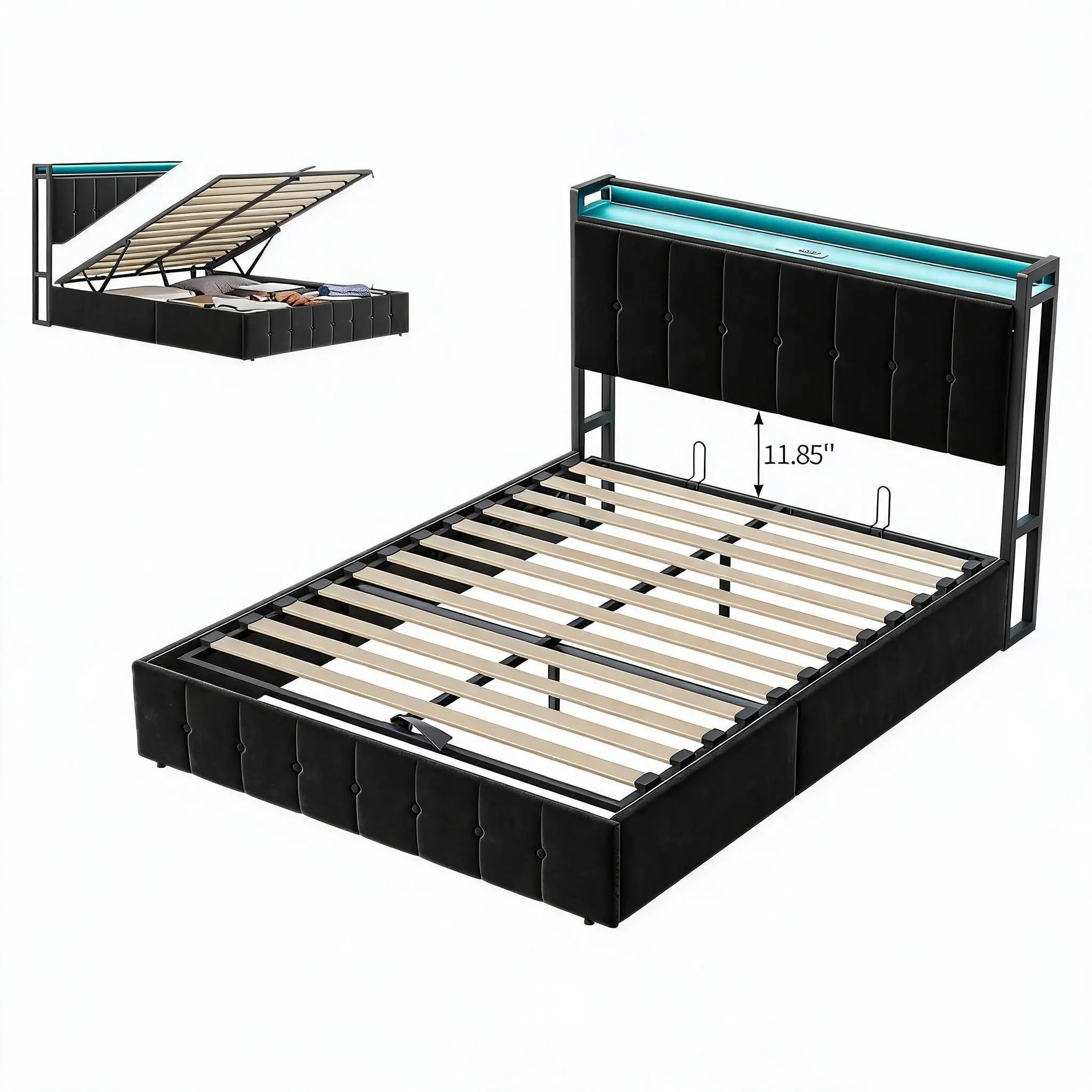 Full Upholstered Velvet Bed Frame, Metal Hydraulic Support Bed Frame with Lift Up Storage & LED Lights & Power Outlets , No Box Spring Needed