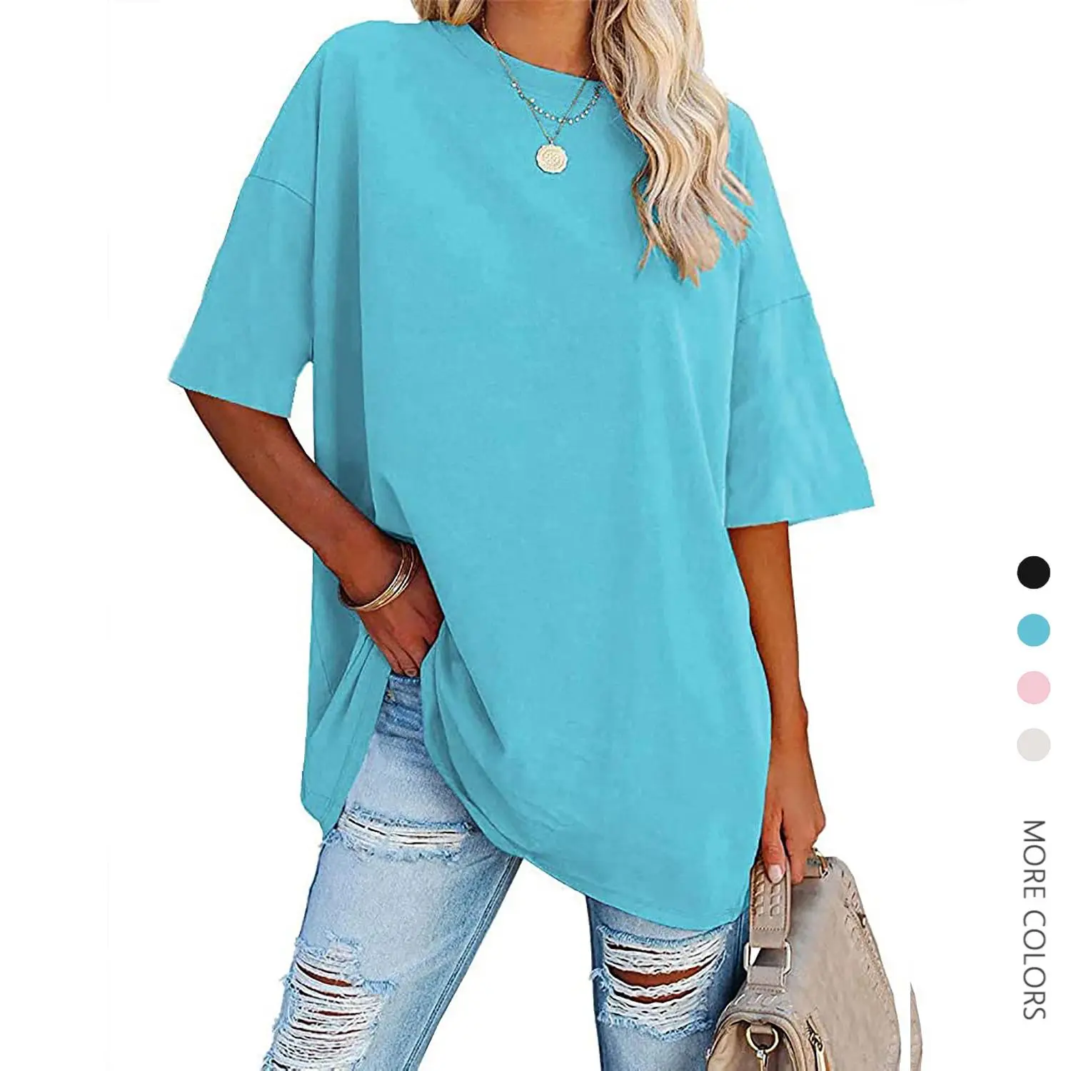 Women's Plus Size Soft Cotton Blend T-Shirt, Casual Baggy Crew Neck Top with Drop Shoulders and Half Sleeves, Perfect to Tuck In,back to school,back to school shopping, Leggings