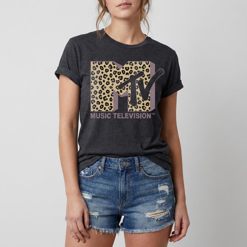 Women's MTV Leopard Print Round Neck Tee Fitted Short Sleeve T-Shirt for Summer Casual Wear Ladies Clothes Top with Unique Print and Durable Fabric