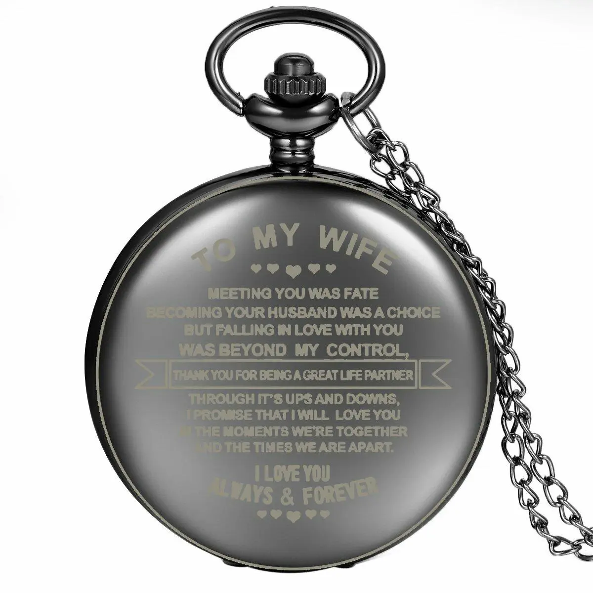 Antique Classic "TO MY WIFE" Quartz Pocket Watch Pendant Chain Anniversary Gift