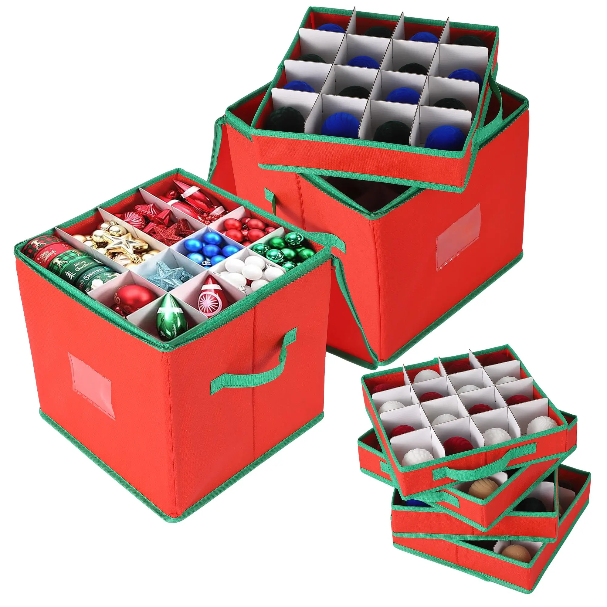 Adjustable Divider Christmas Ornament Storage Divider Box Set Pack - 2-Pack Home Organizer with Zippered Lid, Sturdy Handles, Holds 128 Holiday Decorations, Fabric