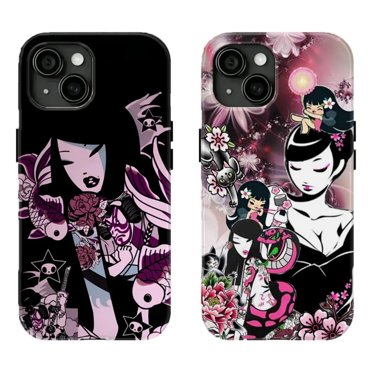 Aesthetic Dark Kawaii T0kid0ki Phone Case Japanese Geisha Sakura Koi Snake Tattoo Collage Phone Case Compatible for iPhone 17 Promax 16 15 14 13 12 11 and for Samsung S22-S26 Ultra Perfect Gift for Her Him