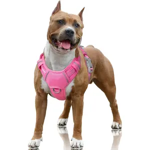 No Pull Large Reflective Dog Harness with Front Clip and Easy Control Handle for Walking Training Running with ID tag Pocket (Pink, L)