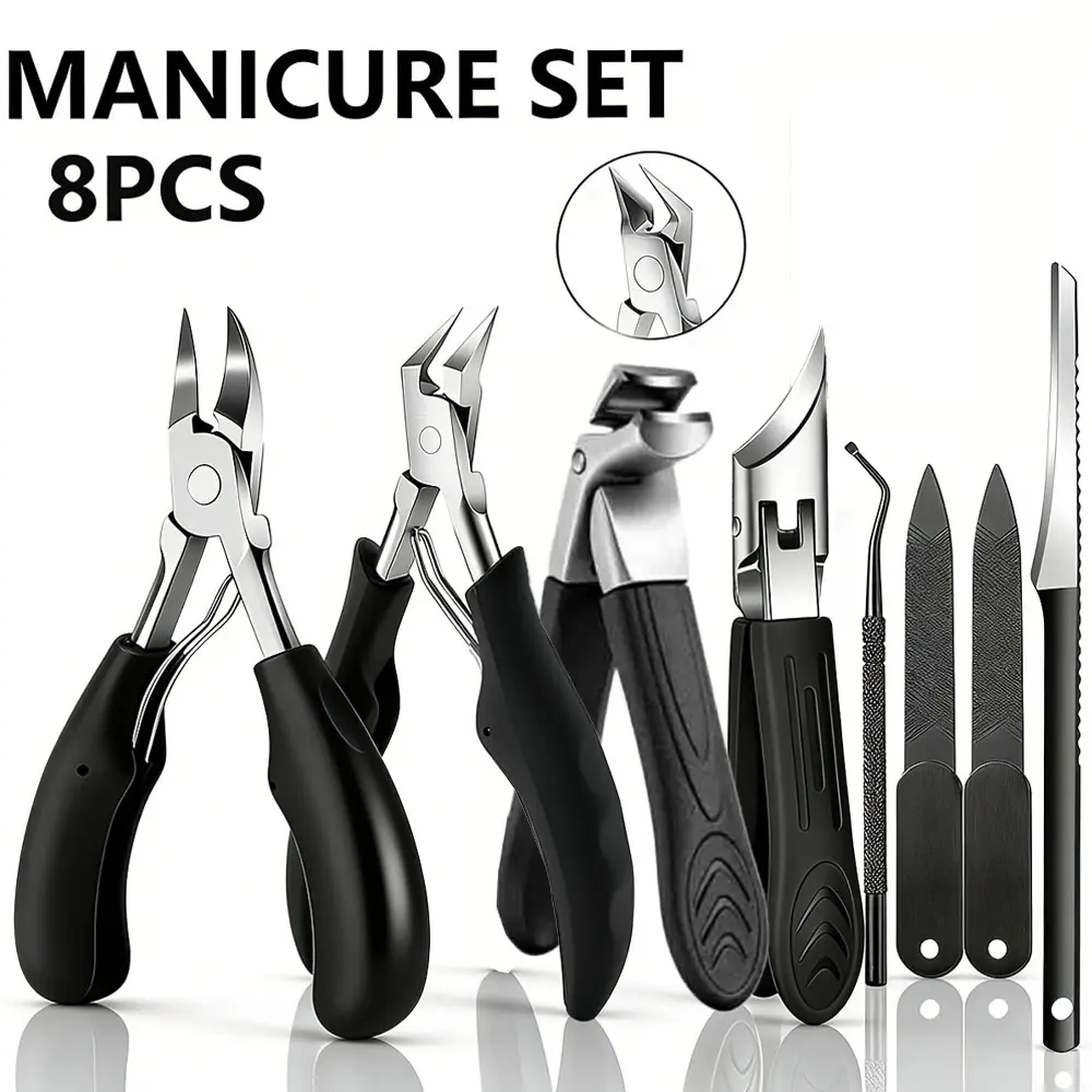 8Pcs Professional Manicure Pedicure Kit Complete Nail Care Ingrown Toenail Nipper Thick Hard Nail Clipper File Home Hand Foot Care Tools Set