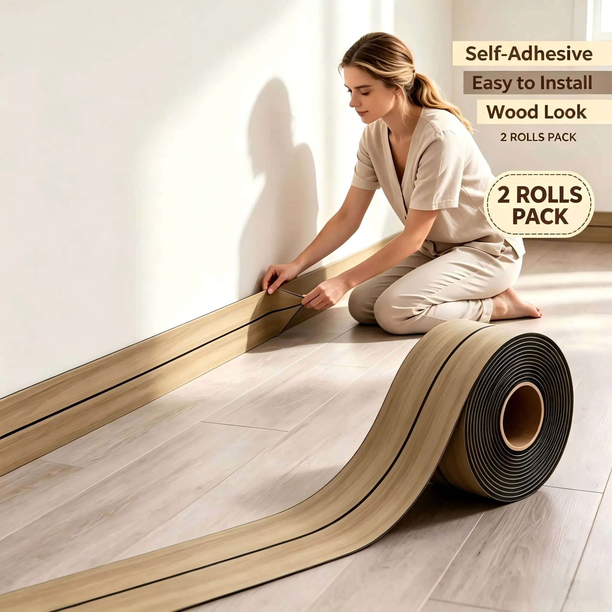 2 Rolls  Self‑Adhesive Wood‑Look PVC Skirting Board, Flexible Cuttable Easy‑Install Wall Baseboard Molding Trim, Home Decor Edge Strip for Living Room Bedroom Floor Door Frame Old Wall Renovation, Multi‑Color Available, Decorative Wall Molding