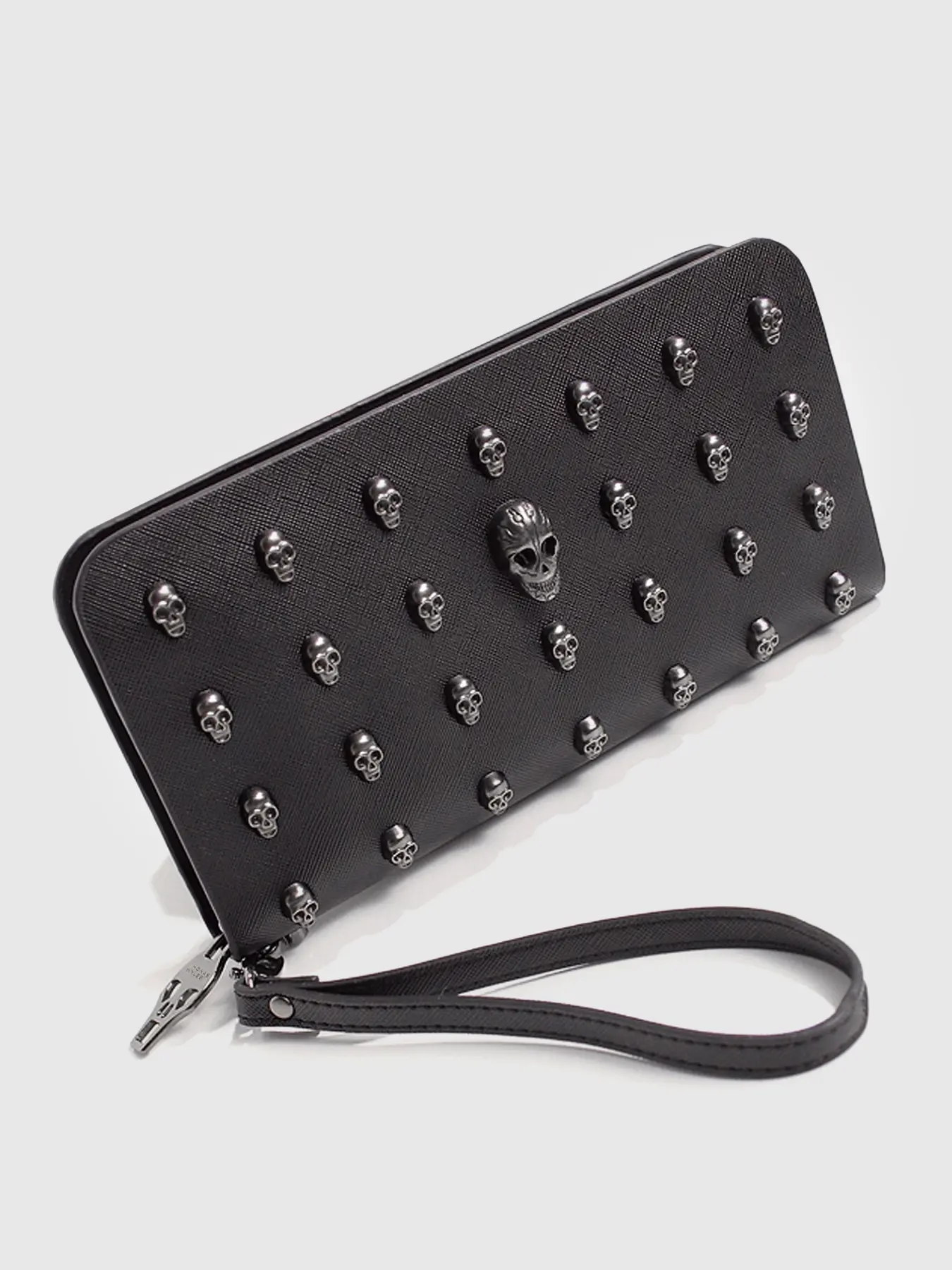Gothic Skull Head Decor Zipper Long Wallet With Wristlet,Rivet Studded Coin Purse Punk Style Clutch Purse For Men Or Women, Halloween Phone Bag Card Holder Halloween Gift,Party,Themed Party Favors