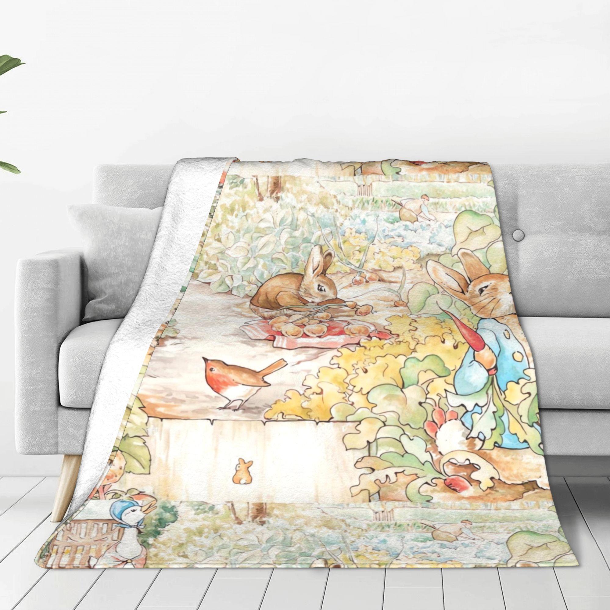 A vintage blanket from the world of Beatrice Potter - Large, soft flannel, featuring Peter Rabbit, Jemima Paddle Duck, and Mrs. Tigger Winkler - A comfortable all-season bedspread suitable for the sofa, living room, and bedroom - Adorned with illustration